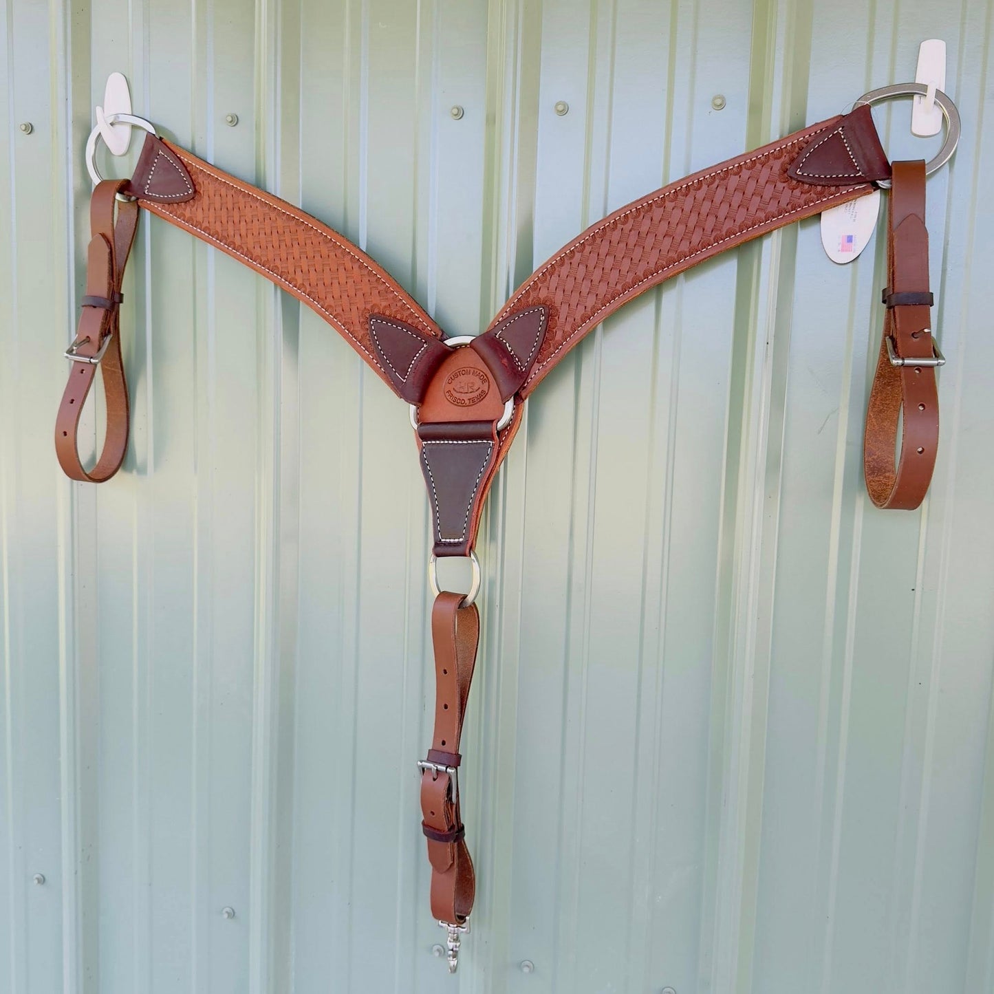 3.75 inch hand-tooled basket weave leather breast collar – full view, medium brown
