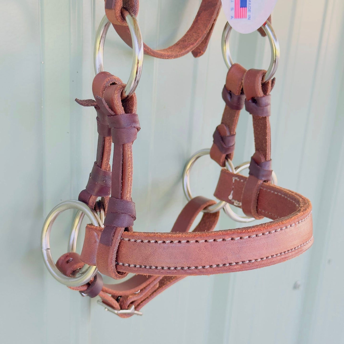 Close-up of leather noseband on HR Saddlery bitless side pull bridle
