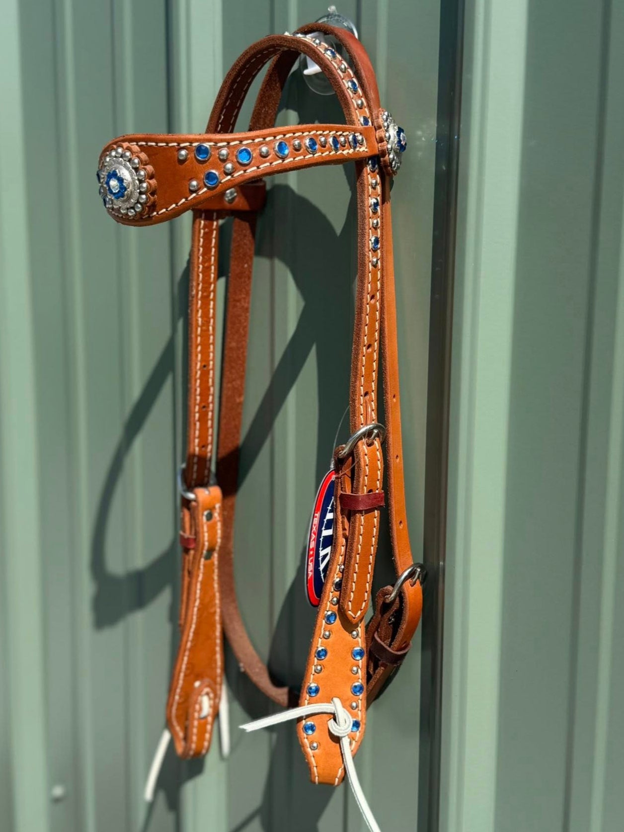 Blue Crystal Show Browband Headstall – 5/8" Double-Stitched Leather, Paddle Cheeks, Stainless Hardware