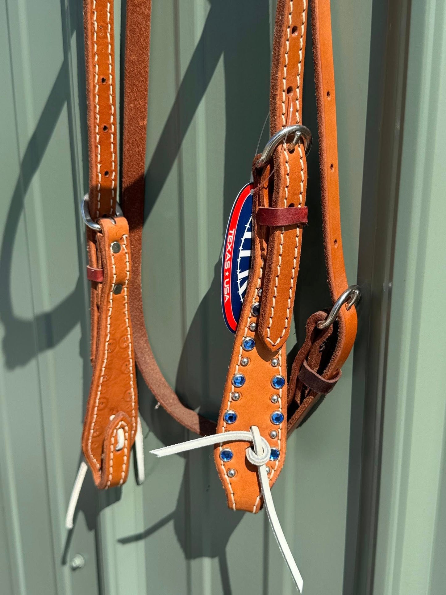 Blue Crystal Show Browband Headstall – 5/8" Double-Stitched Leather, Paddle Cheeks, Stainless Hardware