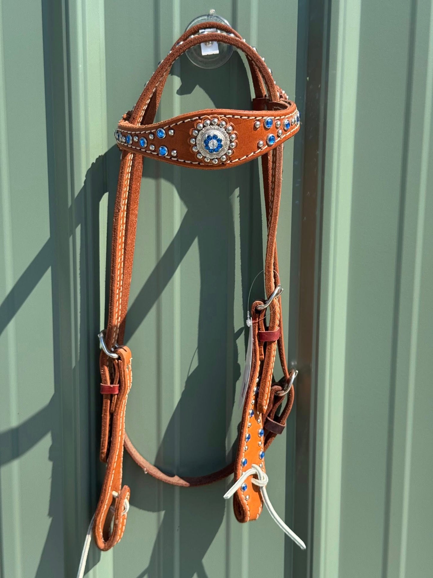 Blue Crystal Show Browband Headstall – 5/8" Double-Stitched Leather, Paddle Cheeks, Stainless Hardware