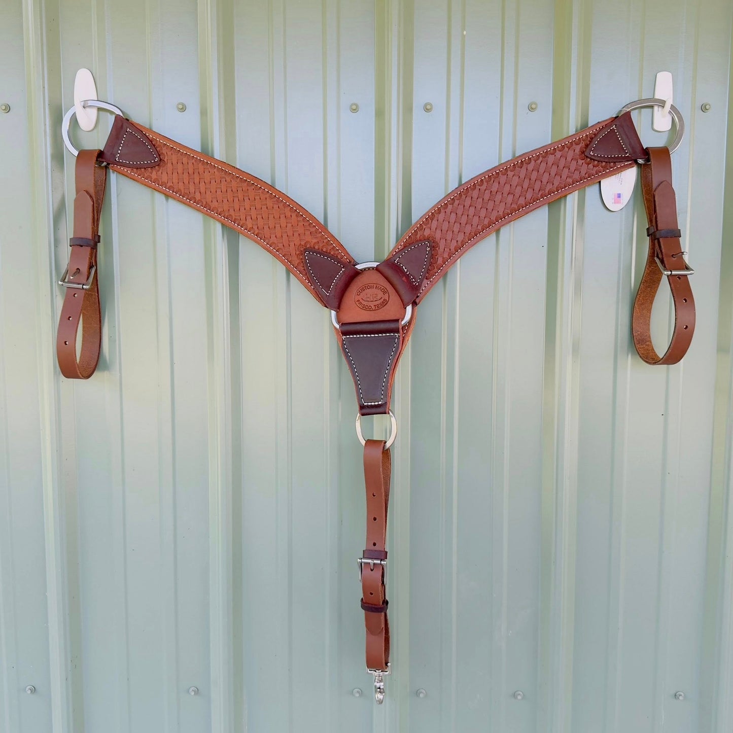 3.75 inch hand-tooled Basket Weave leather breast collar – full view, medium brown