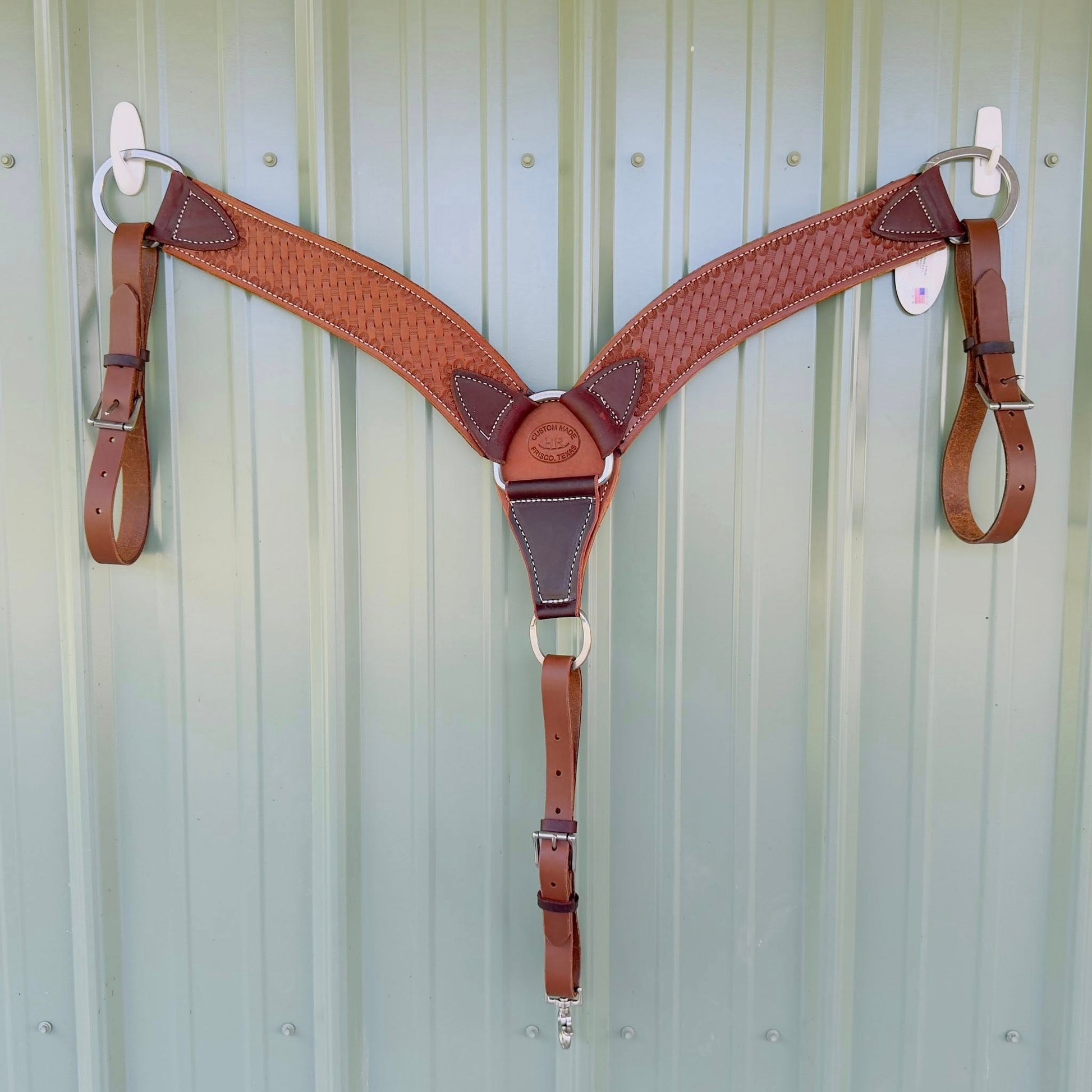 3.75 inch hand-tooled Basket Weave leather breast collar – full view, medium brown