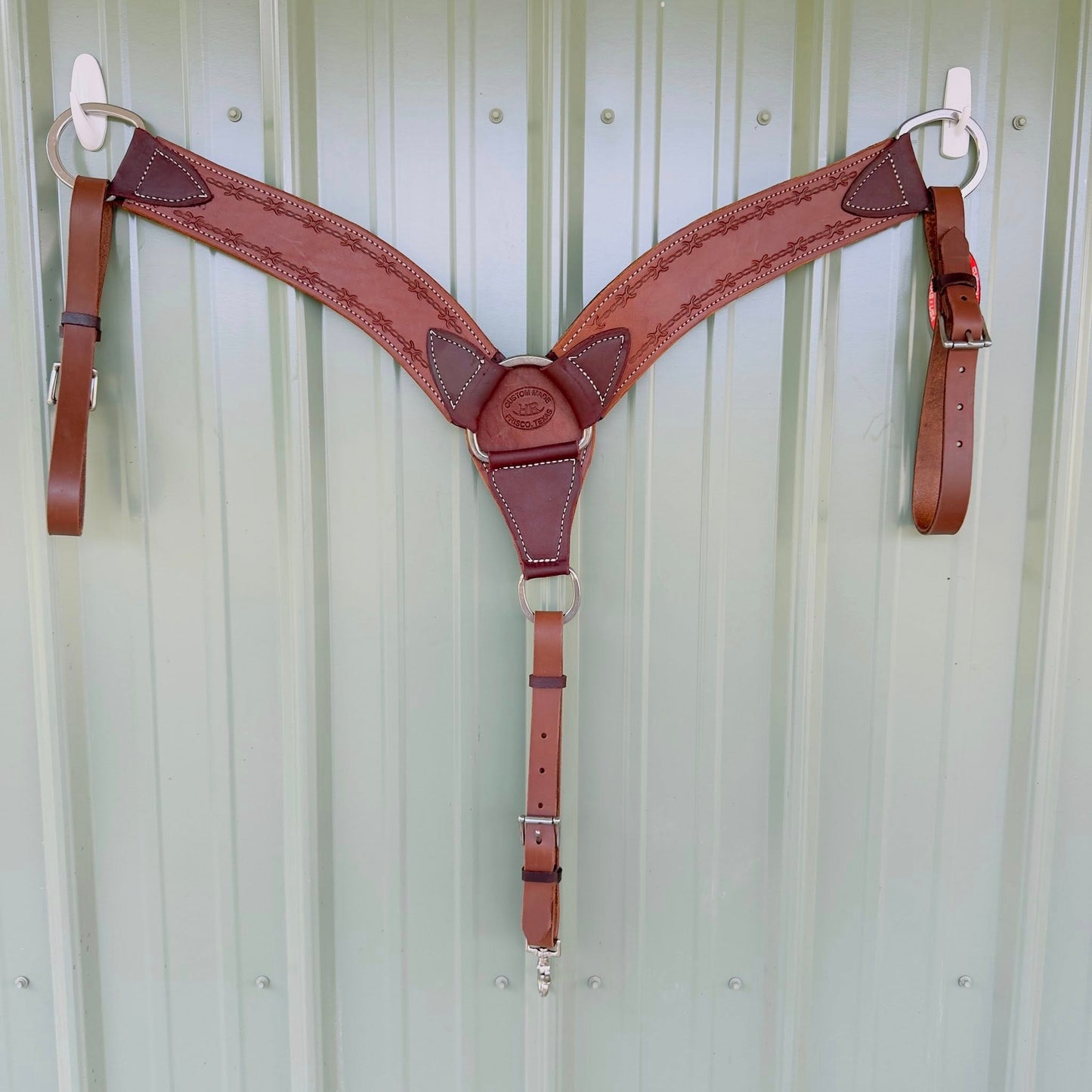 3.75 inch hand-tooled barbed wire leather breast collar – full view, medium brown