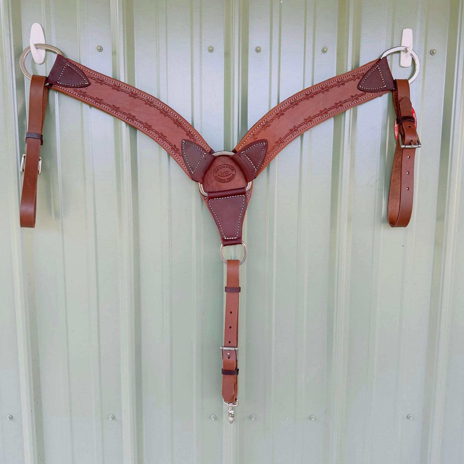 3.75 inch hand-tooled barbed wire leather breast collar – full view, medium brown