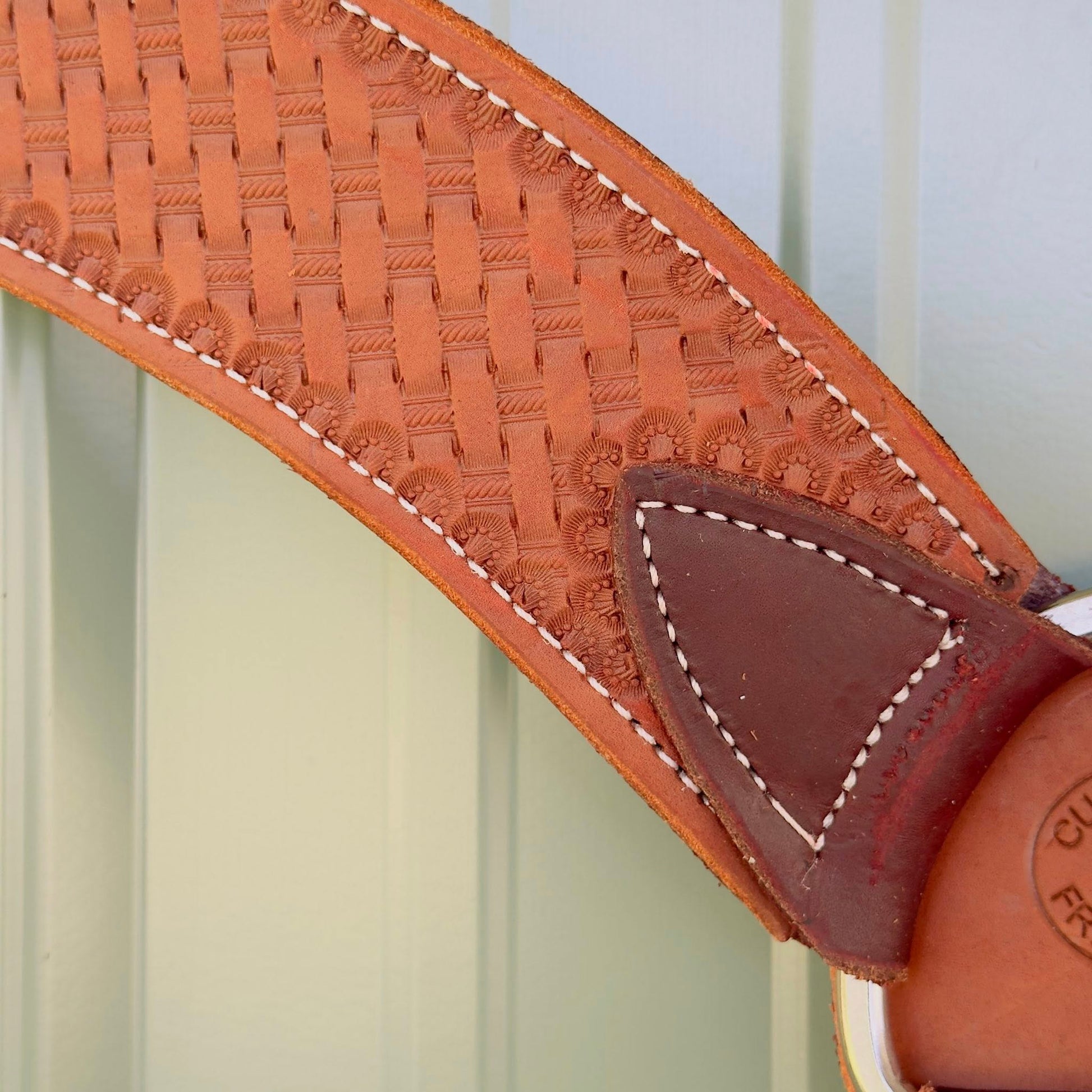 Close-up Basket Weave tooling detail on leather breast collar