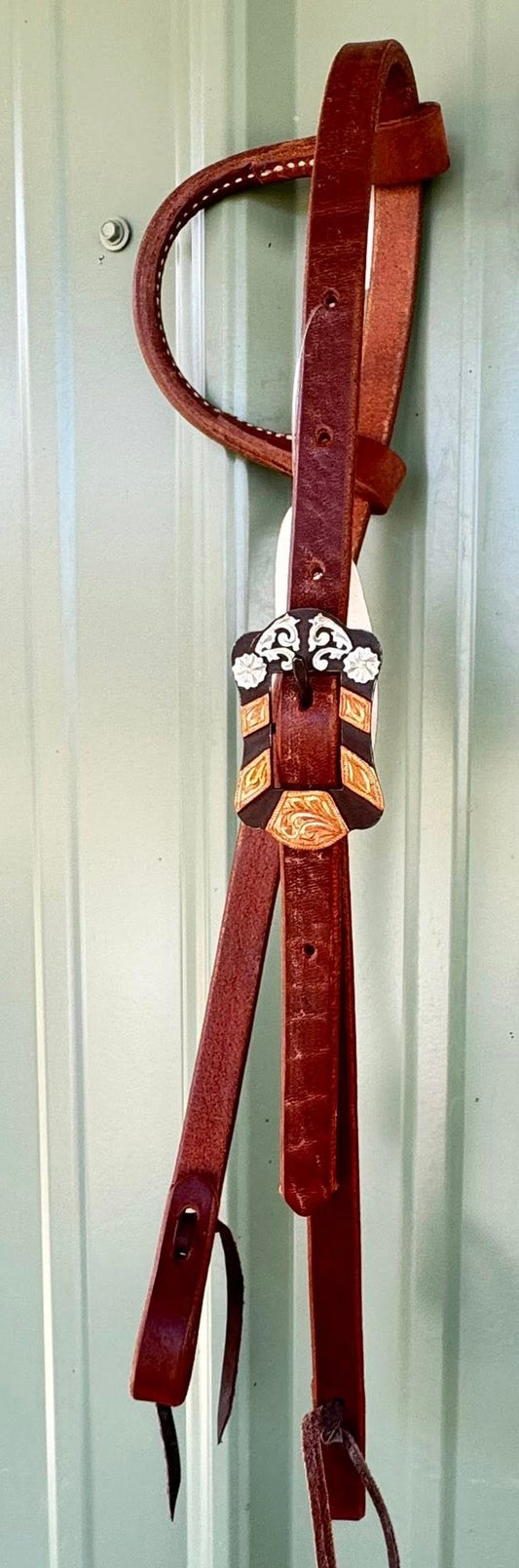 5/8 inch premium leather sliding one ear headstall with copper and silver buckle