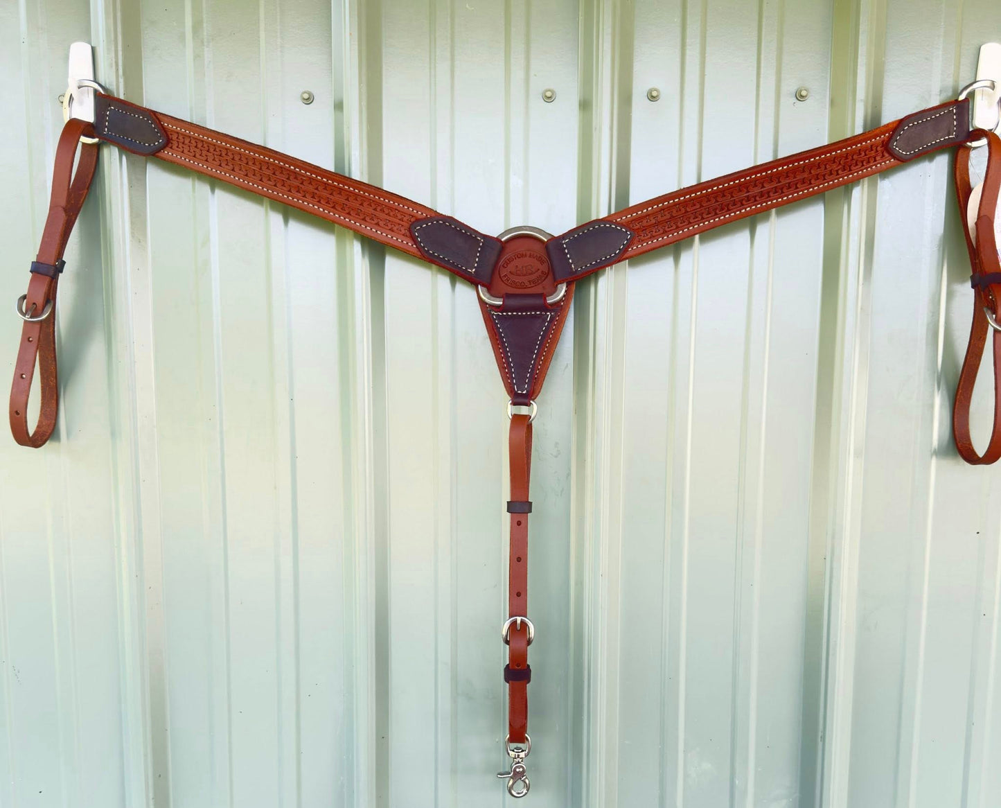 1.5 inch hand-tooled Running W leather breast collar – full view, medium brown