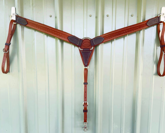 1.5 inch hand-tooled Running W leather breast collar – full view, medium brown