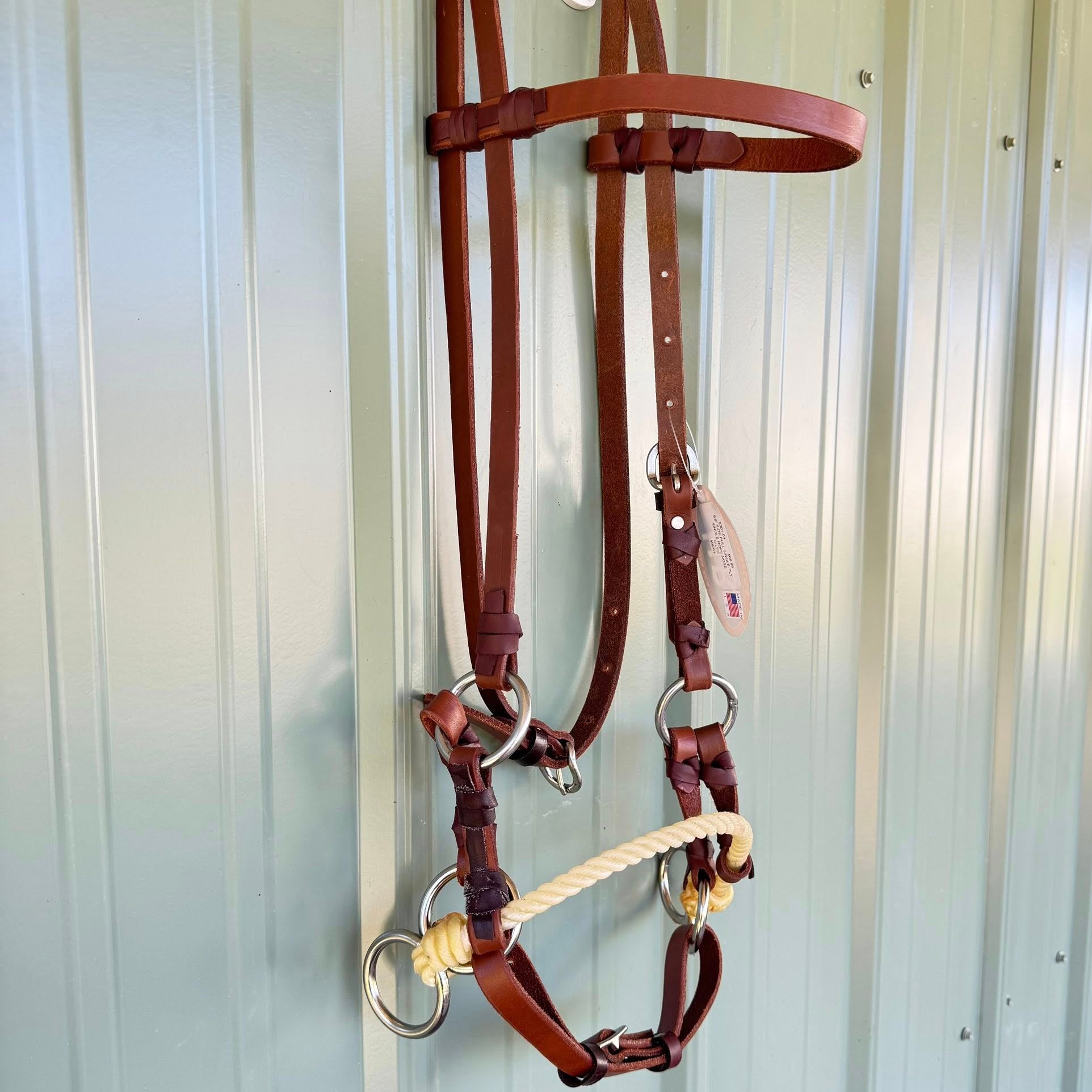 5/8″ oiled leather side pull with single rope noseband & stainless bit rings