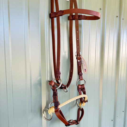 5/8″ oiled leather side pull with single rope noseband & stainless bit rings