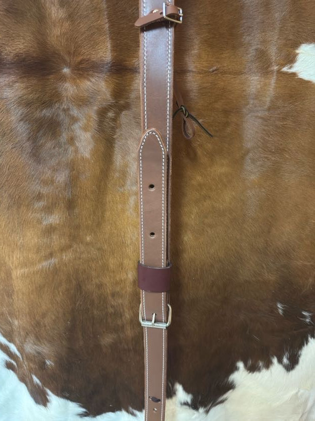 Western saddle back cinch, 1 3/4 inch stitched leather flank set with billets and nickel hardware