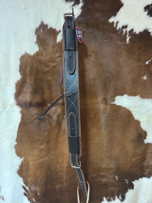 3 inch double stitched chocolate oiled leather flank cinch with billets and nickel-plated hardware – western saddle back cinch