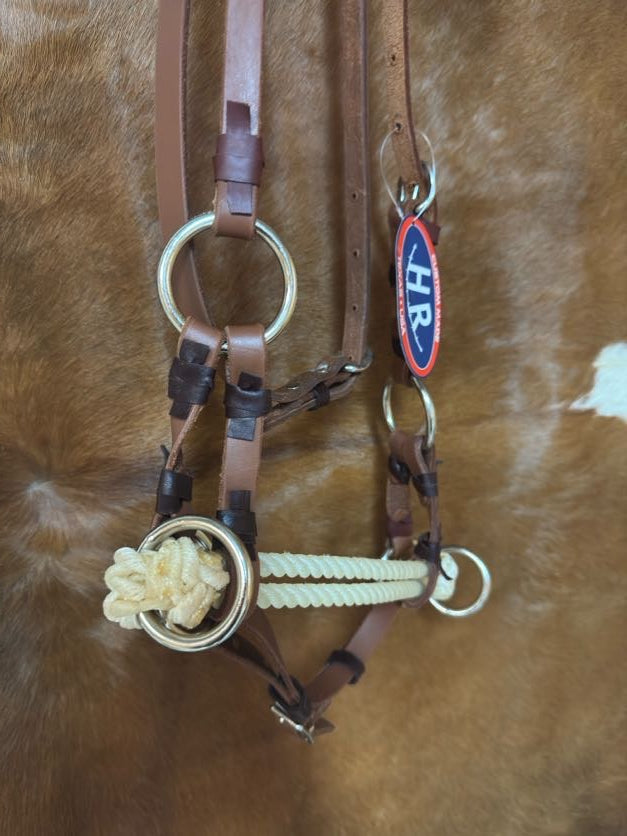 Double Rope Side Pull Headstall | Training Tack, Oiled Leather, Stainless Hardware