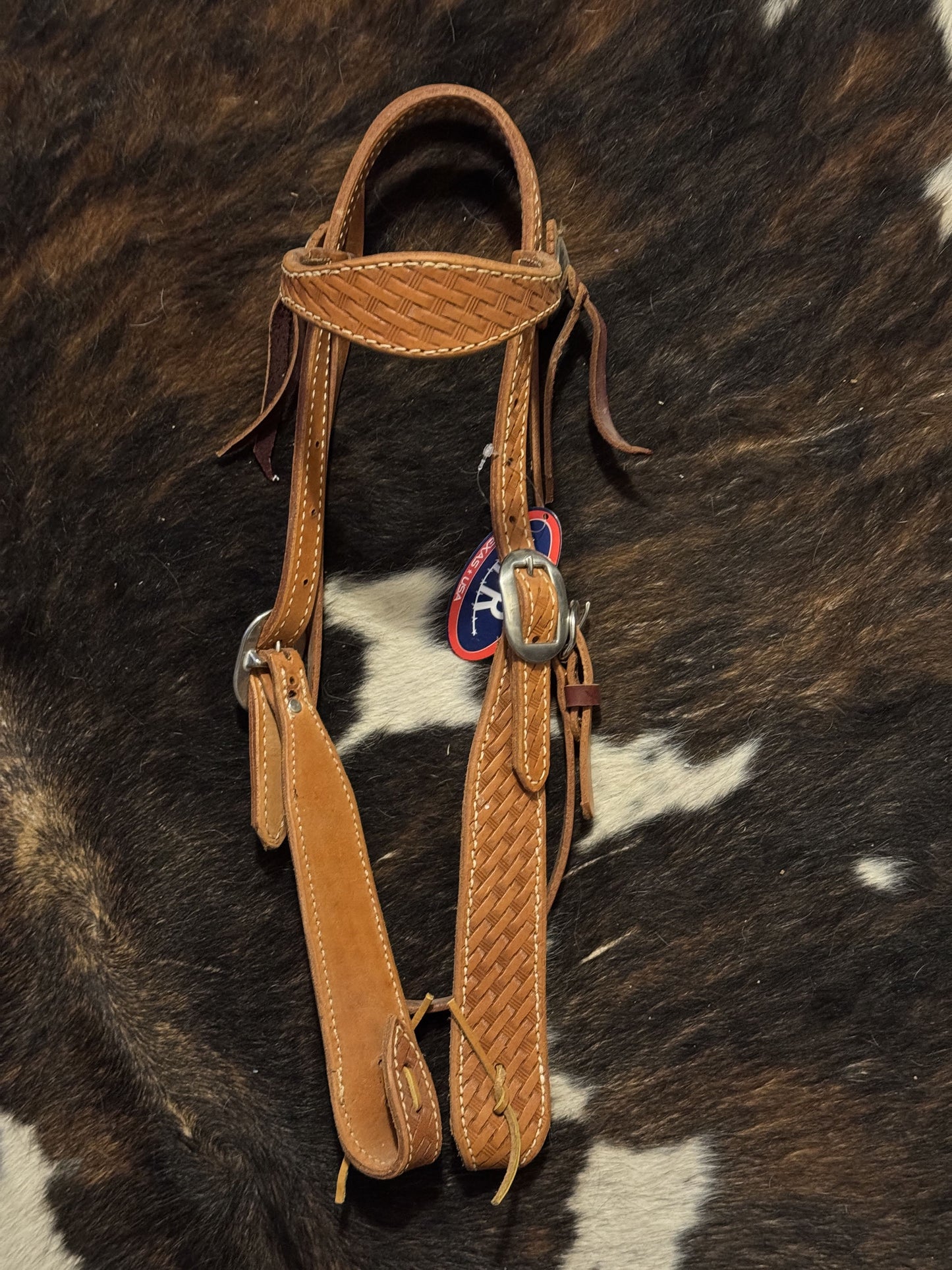 Scalloped Browband Headstall with hand-tooled basket weave design