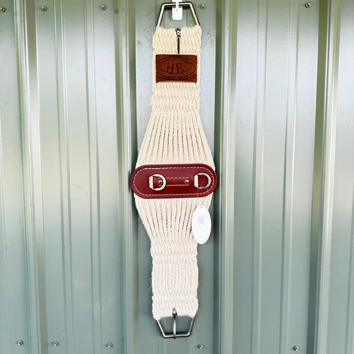 27-strand mohair roper girth with leather center and stainless steel hardware, available in sizes 26 to 38, handcrafted in the USA by HR Saddlery.