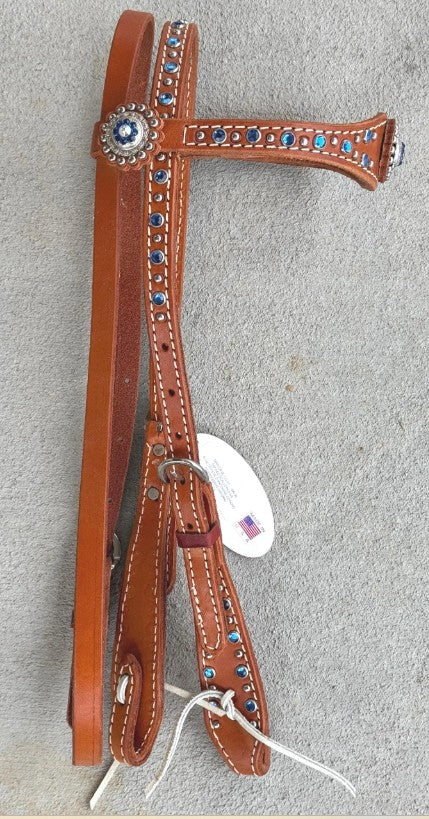 Blue Crystal Show Browband Headstall – 5/8" Double-Stitched Leather, Paddle Cheeks, Stainless Hardware