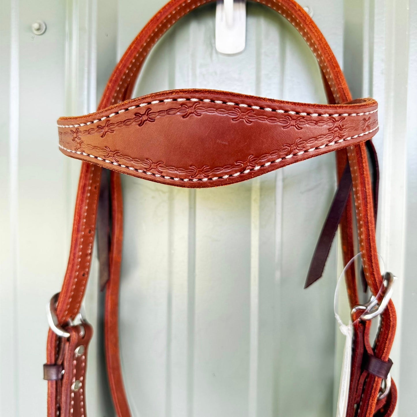 Western headstall with hand-tooled barbed wire