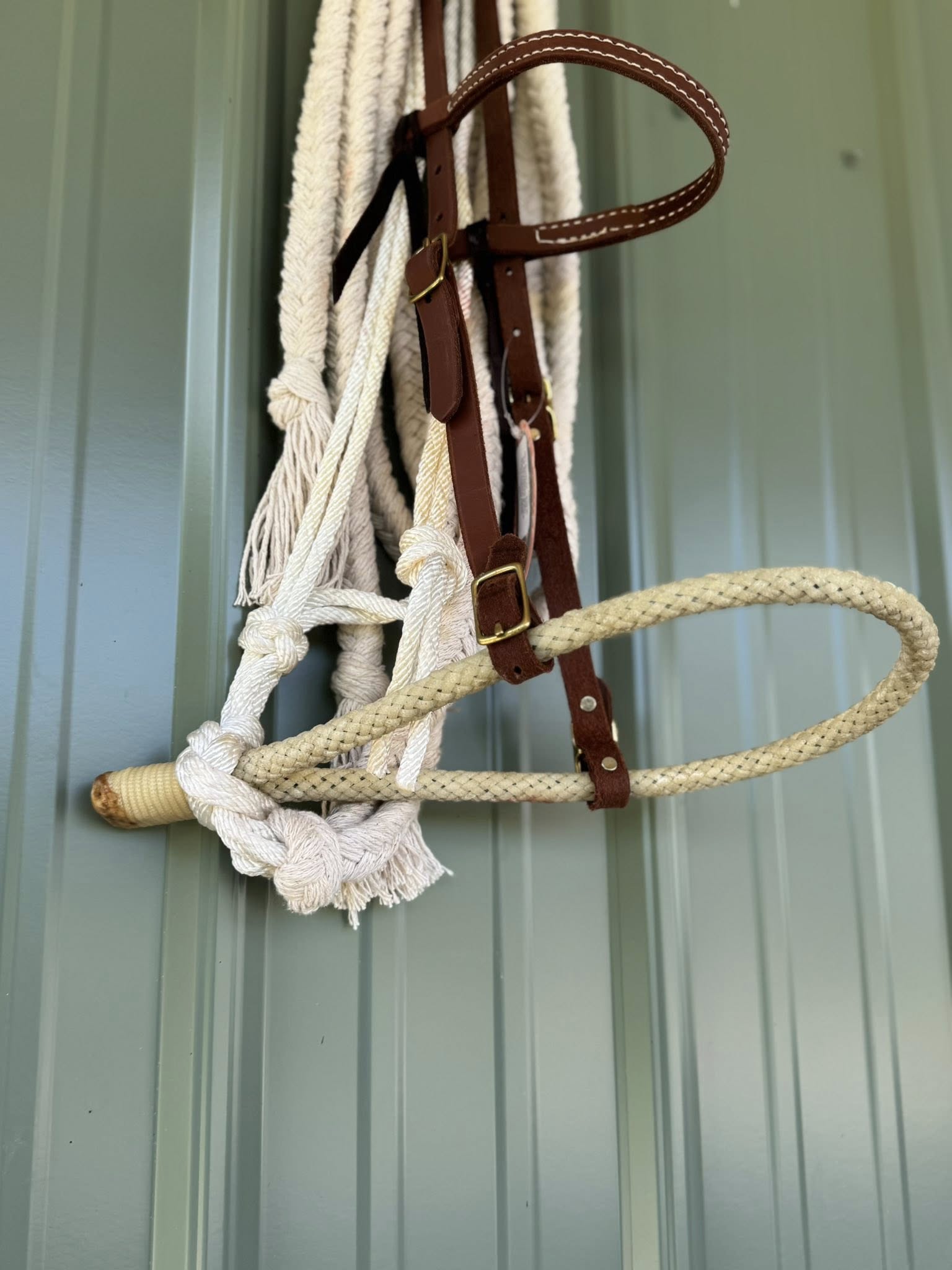 Browband Bosal Hack Set with rawhide braided bosal, oiled leather 5/8 inch headstall, and 14 foot cotton reins. Fits average Quarter Horse. Handcrafted in the USA by HR Saddlery.