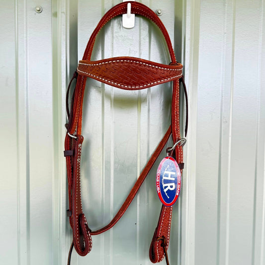 Hand tooled basket weave cowboy headstall with scalloped browband and paddle cheeks