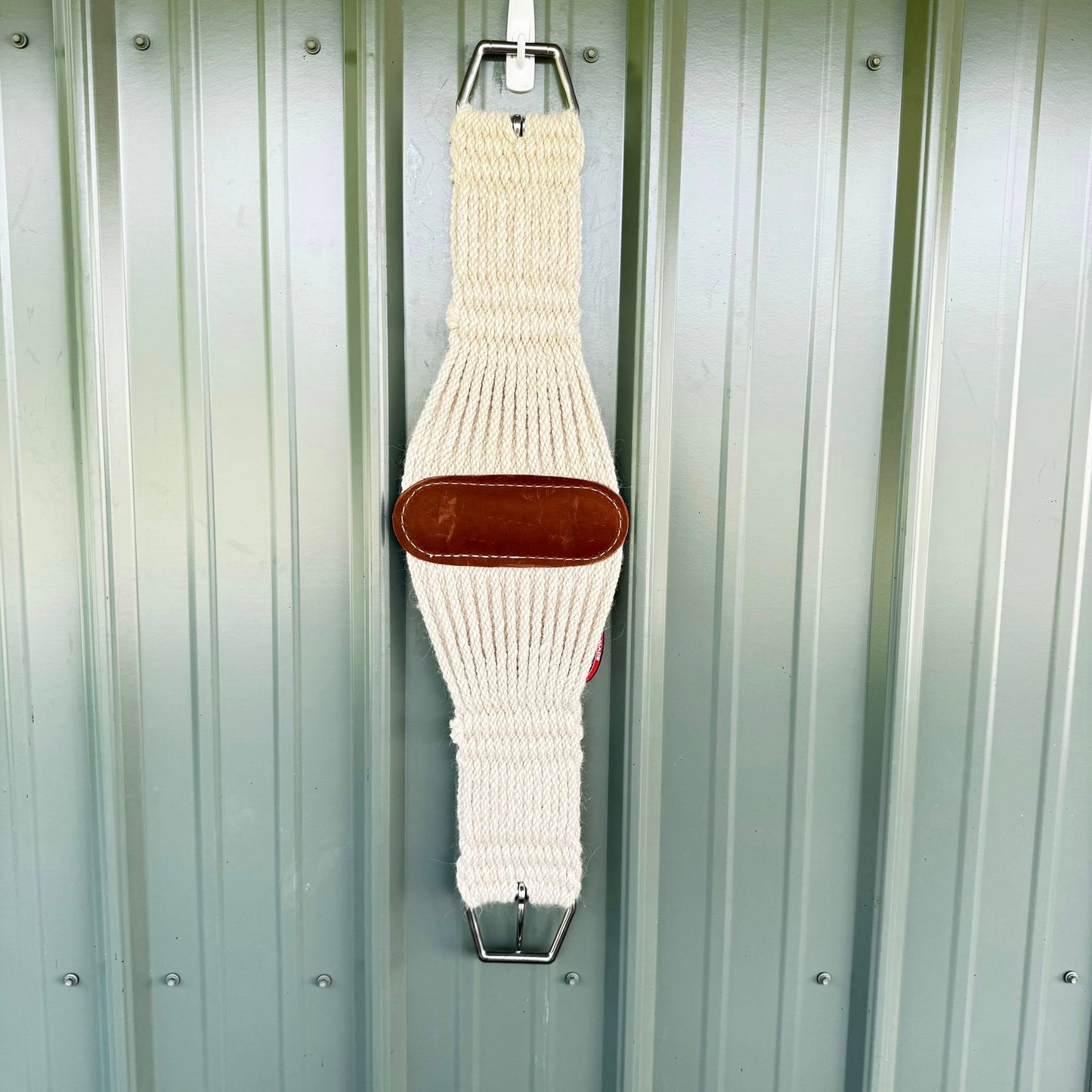 27-strand mohair roper girth with leather center and stainless steel hardware, available in sizes 26 to 38, handcrafted in the USA by HR Saddlery.