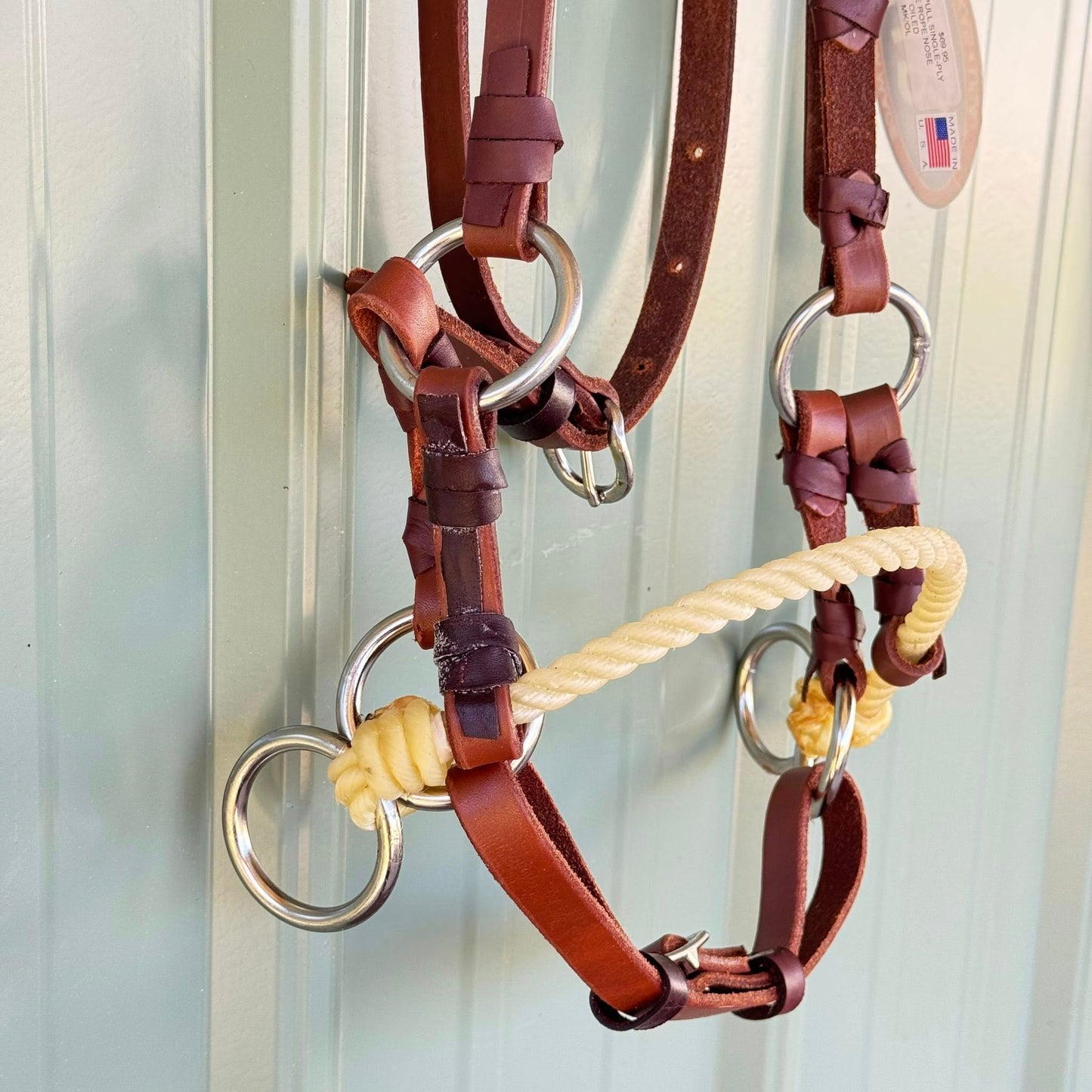 5/8 inch oiled leather side pull headstall with single rope noseband