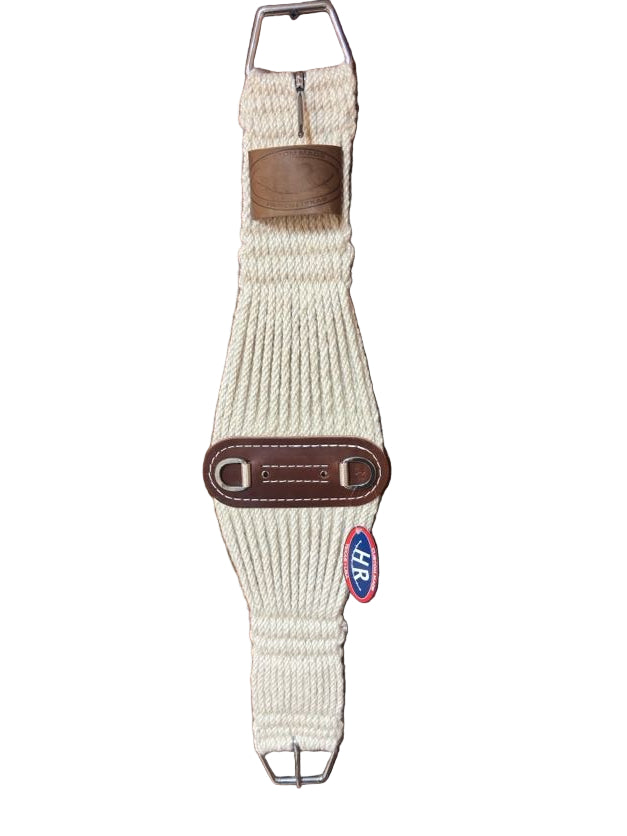27-strand mohair roper girth with leather center and stainless steel hardware, available in sizes 26 to 38, handcrafted in the USA by HR Saddlery.