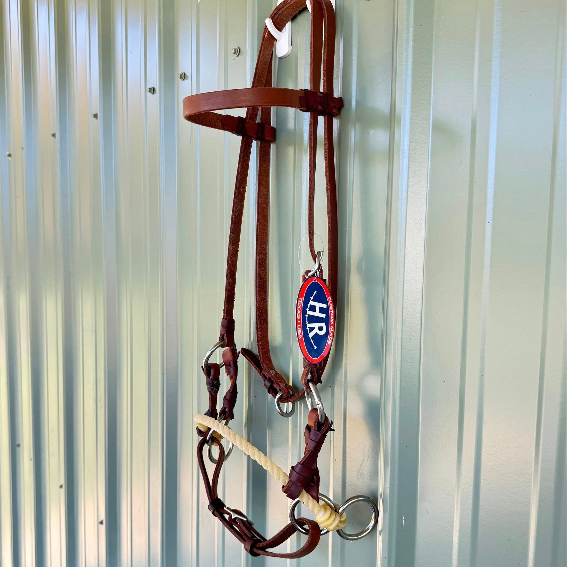 5/8″ oiled leather side pull with single rope noseband & stainless rings